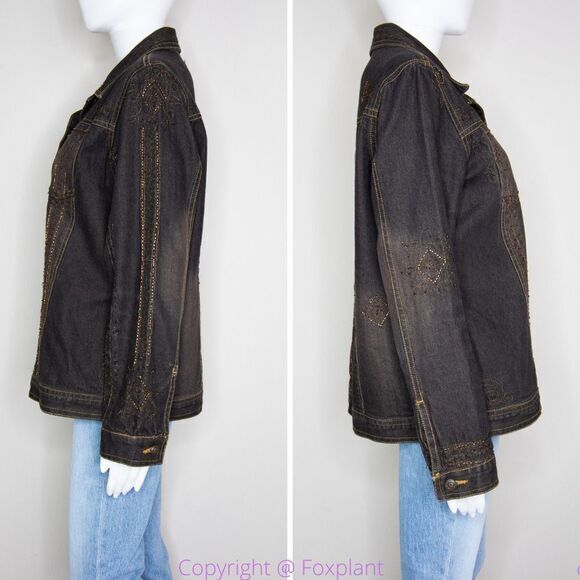 Laura Ashley brown beaded embroidered button up jean jacket, size M - Picture 5 of 16